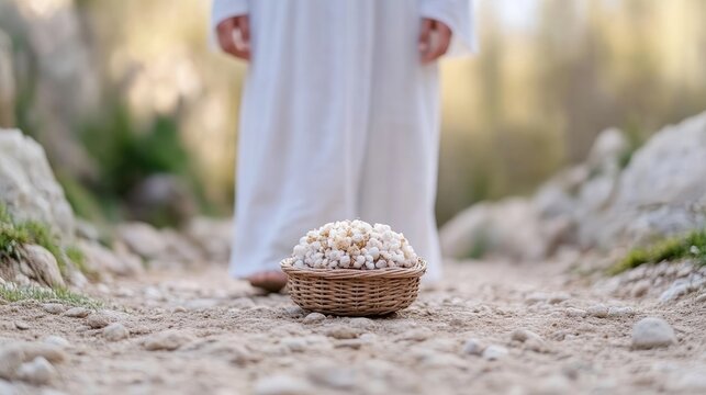 Child in white robe walks path with basket of food