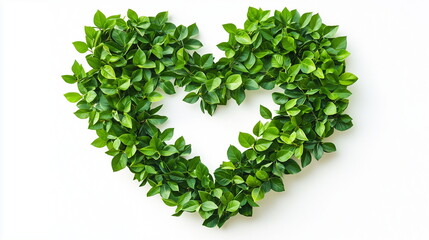 Minimalist vector illustration of green leaves intertwining into a heart shape, clean white background, eco-friendly theme