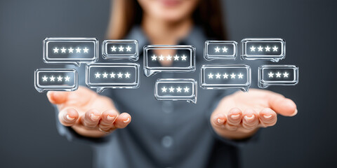 Businesswoman holding five star rating hologram, customer feedback, positive review concept