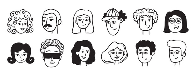 people avatars for social media, website doodle hand drawn icon set. Outline drawing trendy portraits girls and guys line clipart symbol collection. 