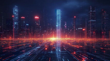 Naklejka premium vibrant neon cityscape with towering skyscrapers and glowing lines, evoking futuristic