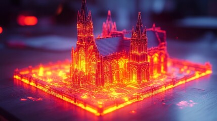 Naklejka premium glowing wireframe gothic cathedral 3d model on dark table