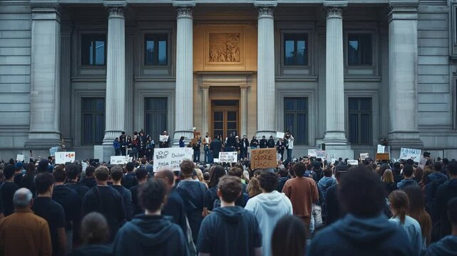 Captivating footage captures a group demonstrating at government building, promotes civil rights