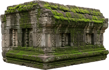 Ancient Moss Covered Stone Temple Ruins Intricate Carvings Asian Architecture Historical Site