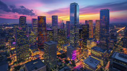 Obraz premium Aerial view of vibrant modern downtown skyline sunset, showcasing colorful skyscrapers and city