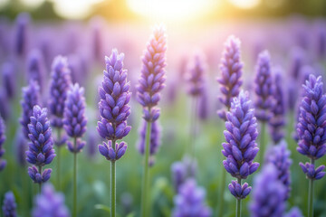 Fototapeta premium field of lavender flowers with the sun shining through them 1