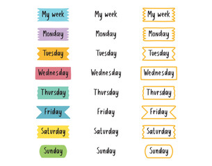 cute labels days of the week. Sunday, Monday, Tuesday, Wednesday, Thursday, Friday, Saturday. days of the week doodle