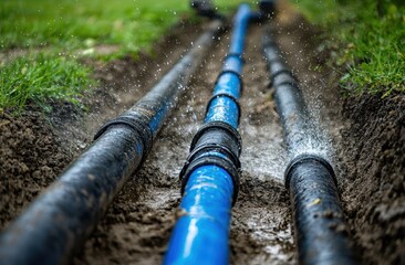 Water pipes leaking in a trench.  Water spraying from damaged pipes