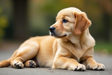 Golden retriever puppy lays down, ears up, looking to side, pet studio, canine