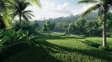 Obraz premium Lush green rice terraces amidst a tropical landscape in Southeast Asia