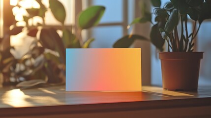  Blue-Orange Gradient Card Mockup on Wooden Table, Sunlit Room with Plants Background, Perfect for Branding