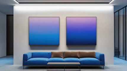 Modern Office waiting area, lounge, paintings, sofa, pillows, wall. Background space