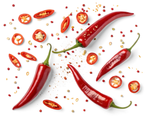 Realistic image of multiple red chili peppers scattered across a white or transparent background