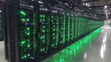 Data center servers glowing green, facility floor, night