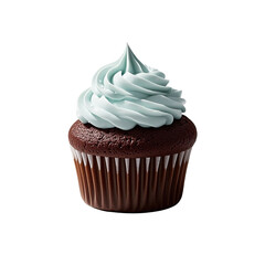 Chocolate cupcake with light blue swirled frosting in brown wrapper PNG file download
