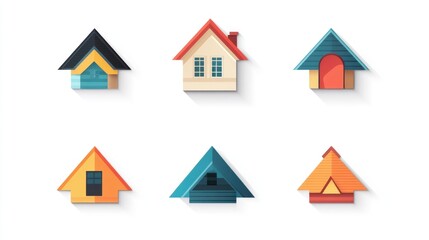 Colorful house icons, various styles, white background, home design