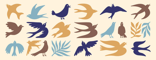 spring birds modern art simple silhouette set. boho flying birds clipart cartoon art. 
