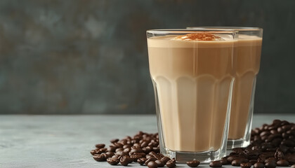 Delicious latte macchiato in glasses and coffee beans on grey table, close up