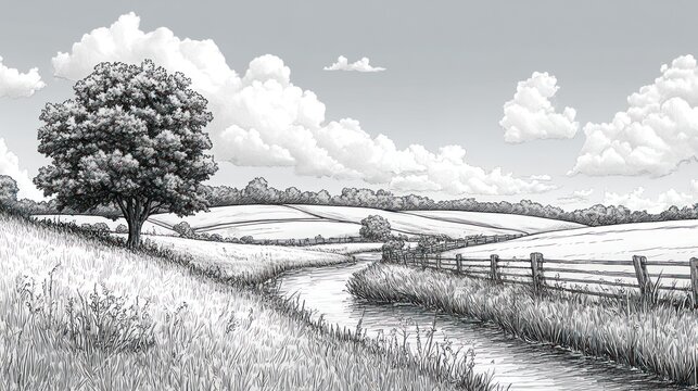 Monochrome countryside sketch; idyllic stream, rolling hills, fence, cloudy sky; idyllic nature illustration