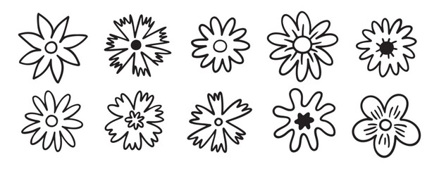 flowers decoration doodle hand drawn icon set. Outline drawing chamomile flower buds line clipart symbol collection. 