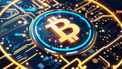 Golden Bitcoin Logo with Circuit Connections - Abstract Blockchain Background for Cryptocurrency Mining and Crypto Investment