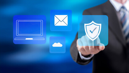 Piktogramme und Icons zum Thema Cybersicherheit, eine Person im Hintergrund zeigt von hinten auf ein Icon mit Häkchen was Sicherheit symbolisiert, blauer Hintergrund