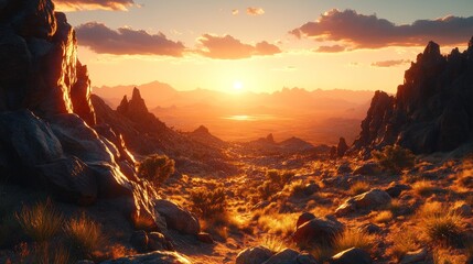 Sunset vista, desert landscape, majestic mountains, golden hour, travel poster