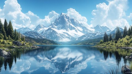 Fototapeta premium Majestic mountain lake reflection, scenic alpine view, summer