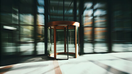 Revolving Doors and Stone Facade of Business Tower with Sunlight Shadows. Perfect for: International Business Day, corporate headquarters