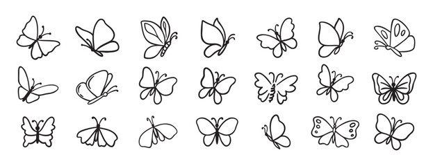 butterfly doodle hand drawn icon set. Outline drawing butterfly line clipart symbol collection