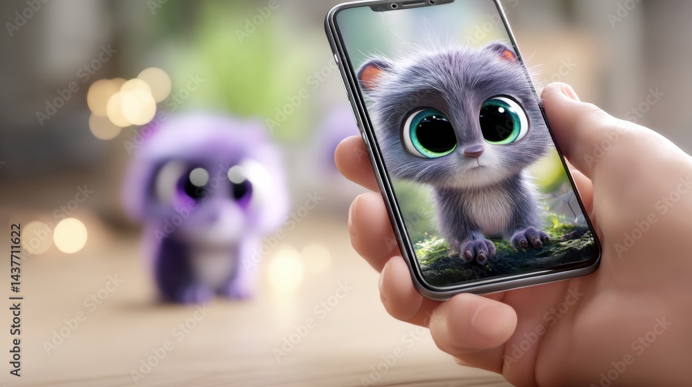 Poster Interactive Virtual Pet App on Smartphone With Animated Creature Engaging in Playful Activity in a Cozy Indoor Environment
