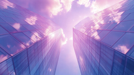 Modern glass skyscrapers reflecting clouds in vibrant sky create stunning view