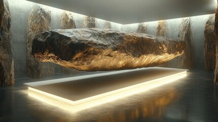 Levitating rock, modern gallery, stone walls, glowing platform, art installation