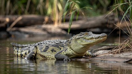 Obraz premium Spectacular Slumbering Crocodile by the Riverbank