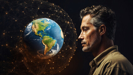 Modern Man Looking at Earth and Network Connections
