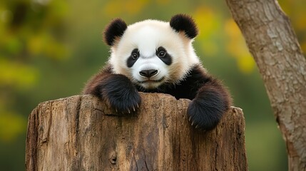 Fototapeta premium Adorable Panda Resting on an Ancient Tree Stump, A Heartwarming Scene of Nature and Serenity