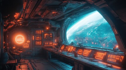 Obraz premium Spaceship bridge, Earth view, futuristic control panel, orange lighting, sci-fi scene