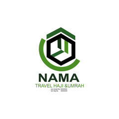This logo features a modern design with a strong Islamic identity. The main symbol is a hexagon in black and green tones, representing strength, stability, and trust — essential values for Hajj&umrah