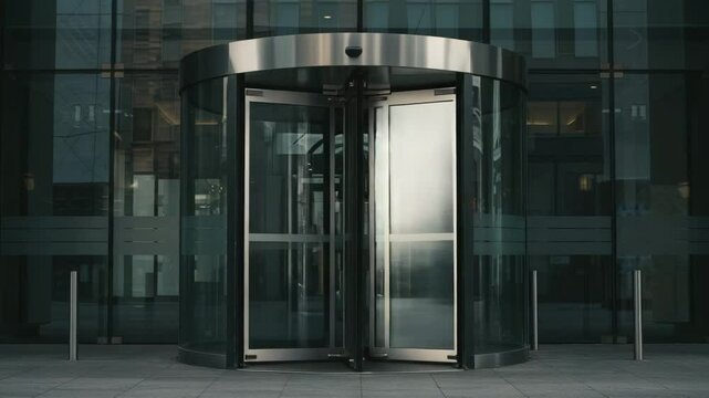 Modern revolving door spinning slowly at a sleek glass building  