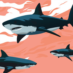 "Dynamic Shark Silhouette Collection Featuring Great White, Hammerhead, and Ocean Wildlife Scenes Vector Illustration"