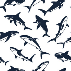 "Dynamic Shark Silhouette Collection Featuring Great White, Hammerhead, and Ocean Wildlife Scenes Vector Illustration"