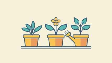 Obraz premium Plants growing in pots, watered, on shelf, growth stages, business concept