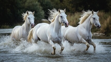 Powerful Trio of White Horses Galloping Freely in the River, Embodying Strength and Freedom in Nature's Embrace