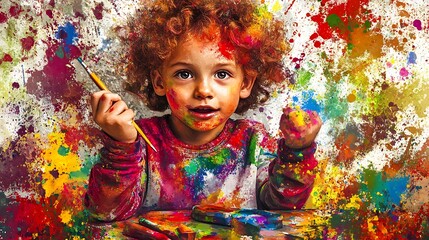 Childs colorful art session playful painting with vibrant splashes and creative expression
