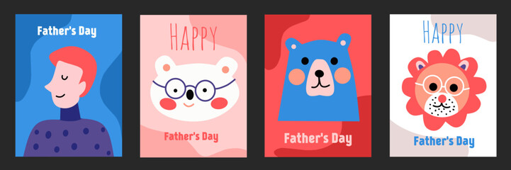 Happy father's day vector postcards set. Doodle flat illustration of a cute father's character, dad, lion, animal, bear. Portrait template in colorful background. Fun design for greeting and banner.