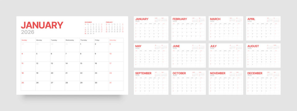 Monthly calendar layout for 2026 year. Diary planner for 2026 year. Week Starts on Sunday. 