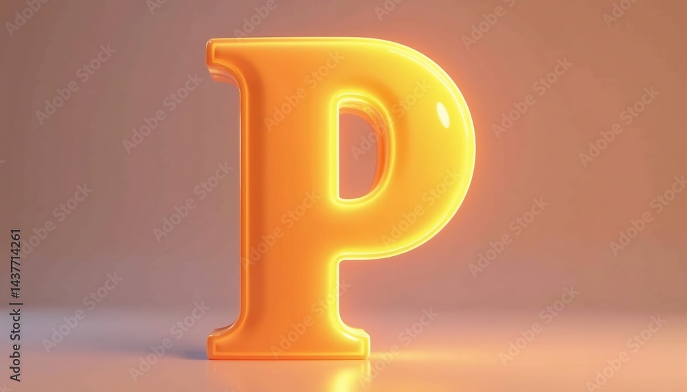 Poster 3d render of glossy orange letter p on soft gradient background