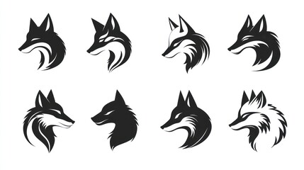 Eight stylized fox head illustrations, white background, design elements