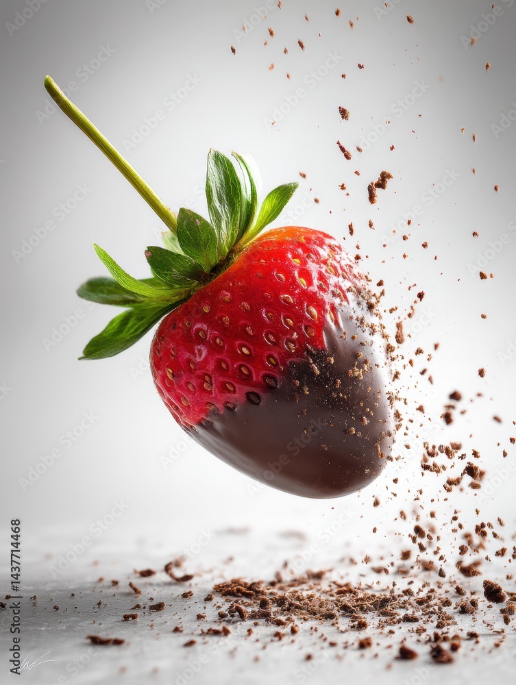 Poster chocolate dipped strawberry floating above crushed chocolate pieces in high-key style with soft ligh