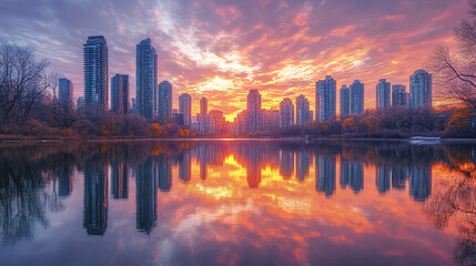 Fototapeta premium Colorful sunset sky mirrored on urban glass towers, creating serene atmosphere